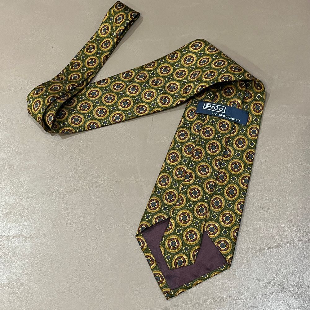 Polo Ralph Lauren Vintage Geometric Circle Print Silk Tie in Green and Gold - Picture 10 of 12